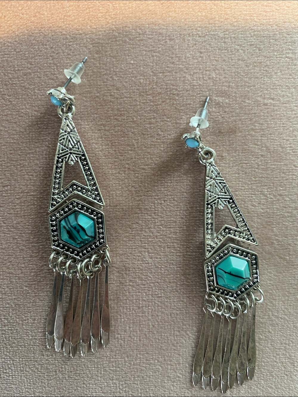 Turquoise Stone Silver-Tone Fringe Drop Earrings - Women Jewelry festival
